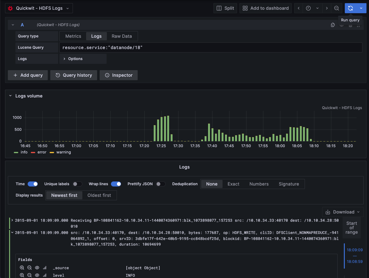 Quickwit 0.6 - Grafana Explorer view